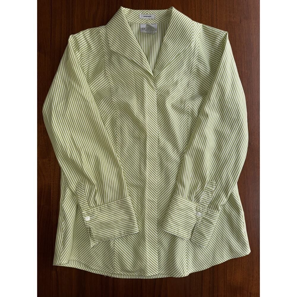 Chico's Women's Non-Iron Green & White Bias Striped Button-Up Shirt - Size 0